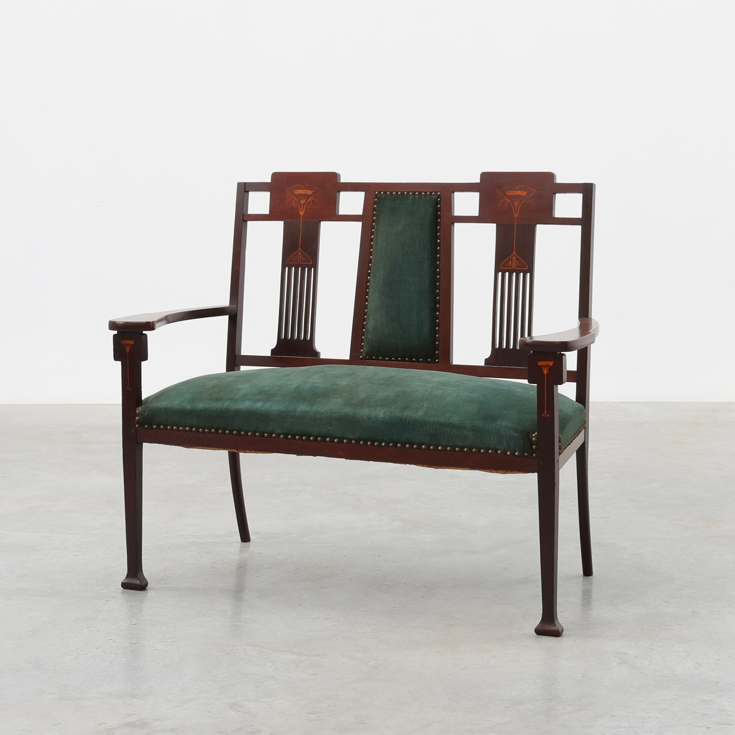 Art Nouveau Walnut Settee with Floral Marquetry, Belgium, ca. 1900-img